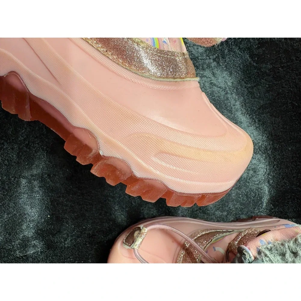 Girls Pink Unicorn Rainbow Snow Boots Glitter Trim Faux Fur Lined Winter Boots